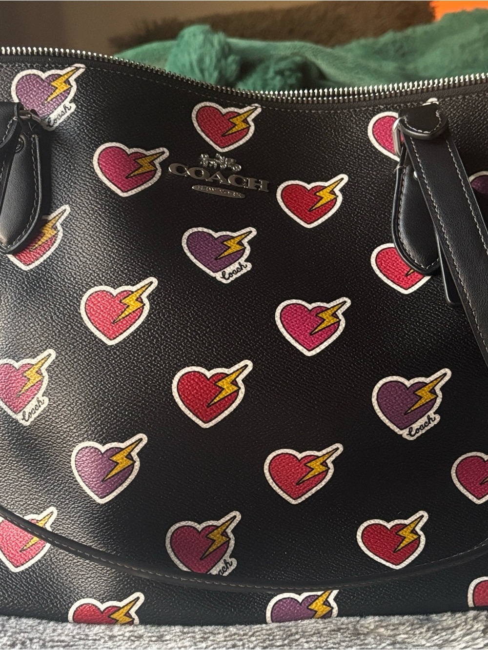Coach Black Leather Gallery Tote with Red & Purple Heart Bolt Print - Picture 2 of 8